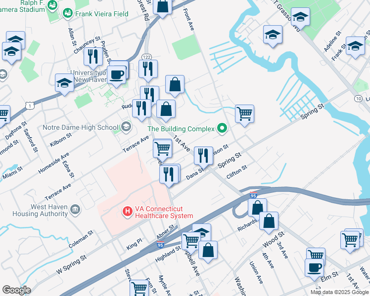 map of restaurants, bars, coffee shops, grocery stores, and more near 81 Alling Street Extension in West Haven