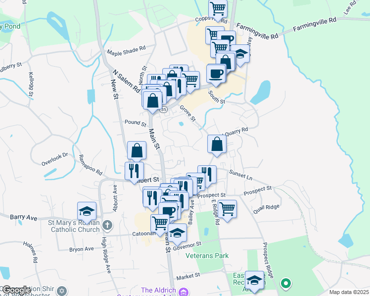 map of restaurants, bars, coffee shops, grocery stores, and more near 10 Lawson Lane in Ridgefield