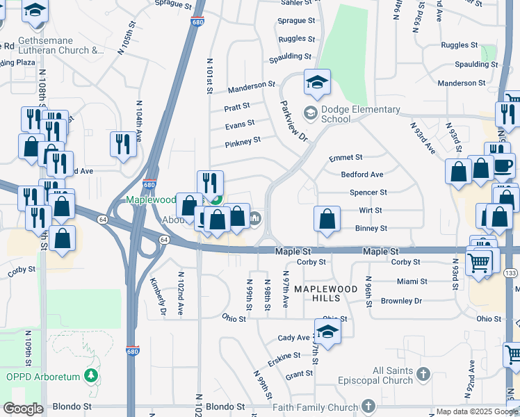 map of restaurants, bars, coffee shops, grocery stores, and more near 3115 Maplewood Boulevard in Omaha