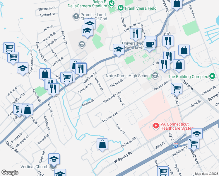 map of restaurants, bars, coffee shops, grocery stores, and more near 52 Rodney Street in West Haven
