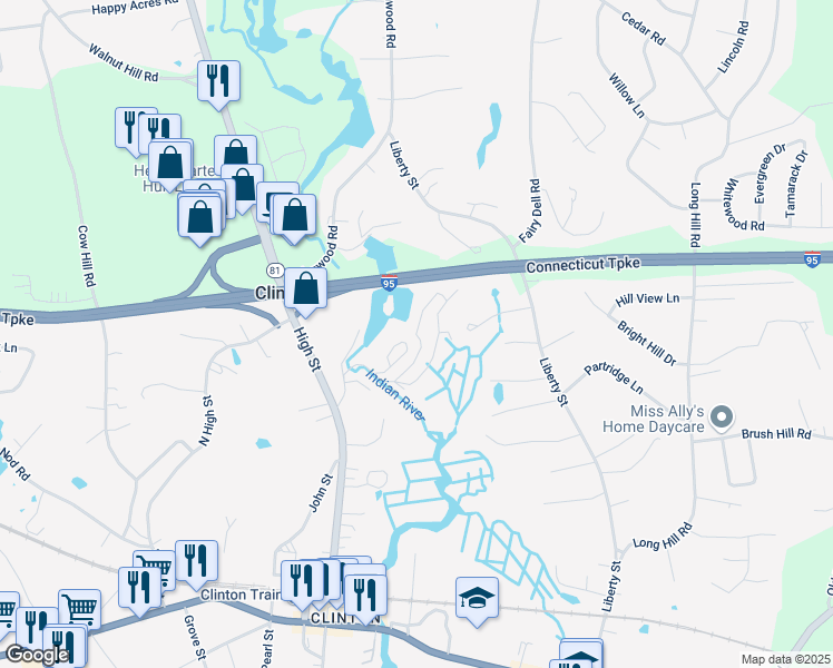 map of restaurants, bars, coffee shops, grocery stores, and more near Mill Road in Clinton