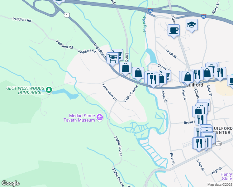 map of restaurants, bars, coffee shops, grocery stores, and more near 37 3 Mile Course in Guilford