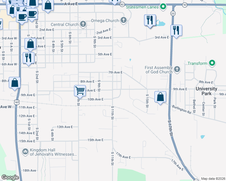 map of restaurants, bars, coffee shops, grocery stores, and more near 1199 9th Ave E in Oskaloosa