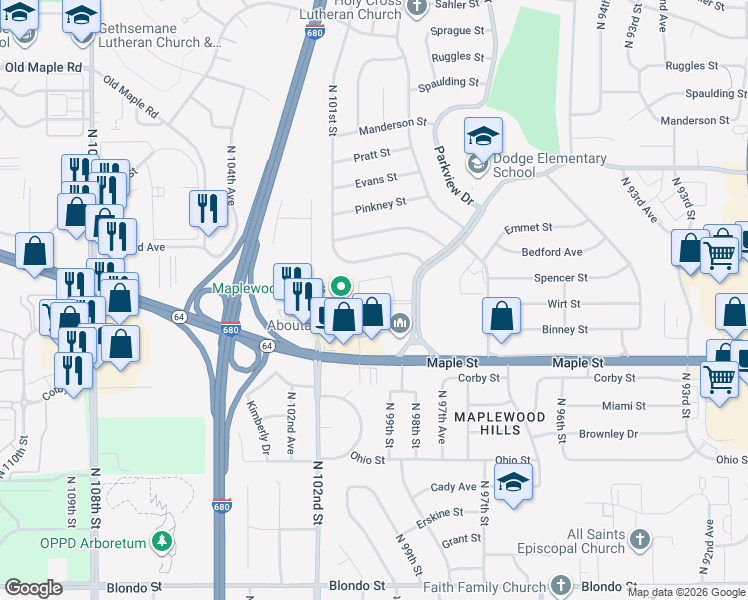 map of restaurants, bars, coffee shops, grocery stores, and more near 10062 Wirt Plaza in Omaha