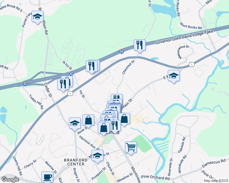 map of restaurants, bars, coffee shops, grocery stores, and more near 62 Chestnut Street in Branford