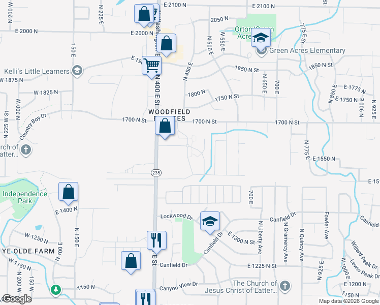 map of restaurants, bars, coffee shops, grocery stores, and more near 1612 North 450 East in North Ogden
