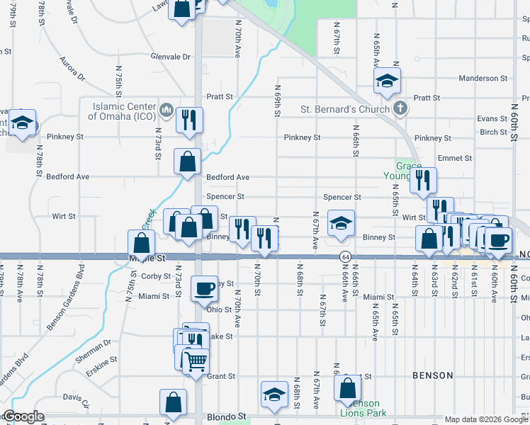 map of restaurants, bars, coffee shops, grocery stores, and more near 6907 Spencer Street in Omaha