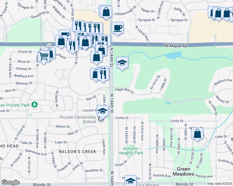 map of restaurants, bars, coffee shops, grocery stores, and more near 14325 Eagle Run Drive in Omaha