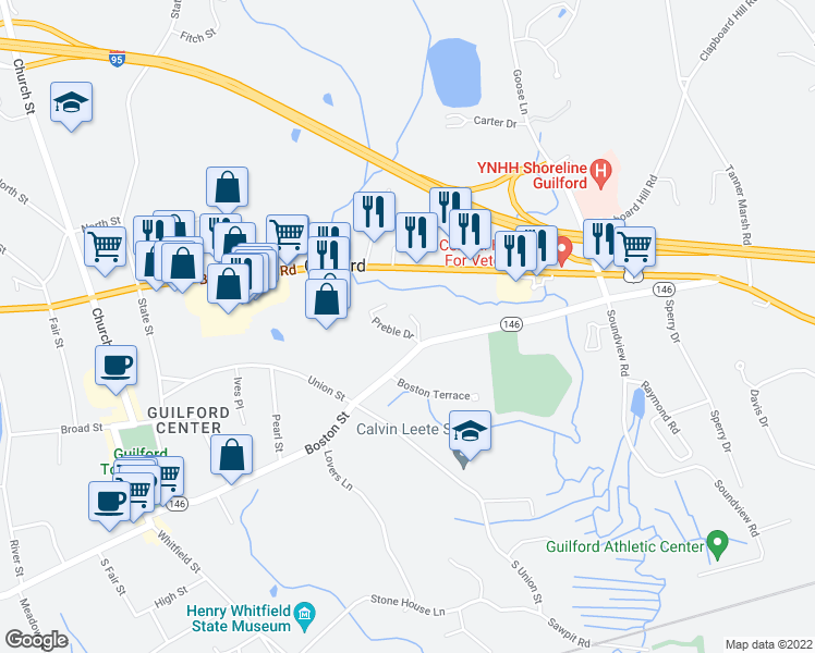 map of restaurants, bars, coffee shops, grocery stores, and more near 32 Mafre Drive in Guilford