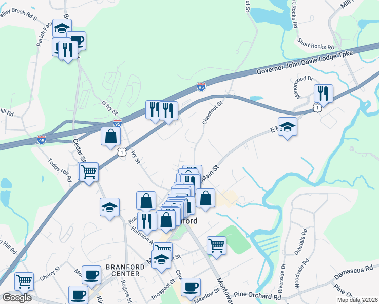 map of restaurants, bars, coffee shops, grocery stores, and more near 70 Chestnut Street in Branford