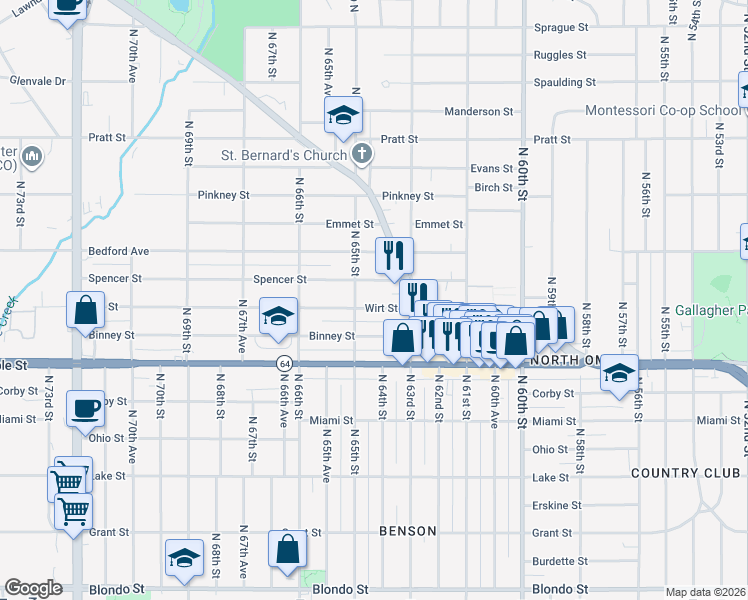 map of restaurants, bars, coffee shops, grocery stores, and more near 6319 Spencer Street in Omaha
