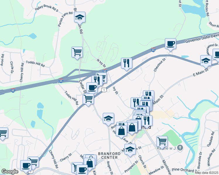 map of restaurants, bars, coffee shops, grocery stores, and more near 109 Ivy Street in Branford