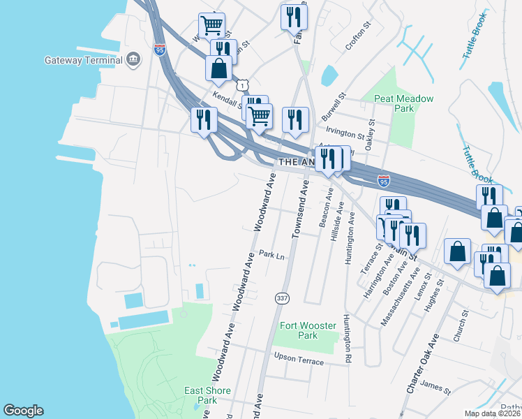 map of restaurants, bars, coffee shops, grocery stores, and more near 694 Woodward Avenue in New Haven