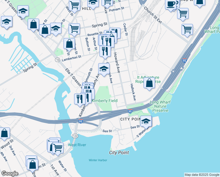 map of restaurants, bars, coffee shops, grocery stores, and more near 322 Greenwich Avenue in New Haven