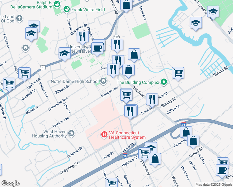 map of restaurants, bars, coffee shops, grocery stores, and more near 1048 Campbell Avenue in West Haven