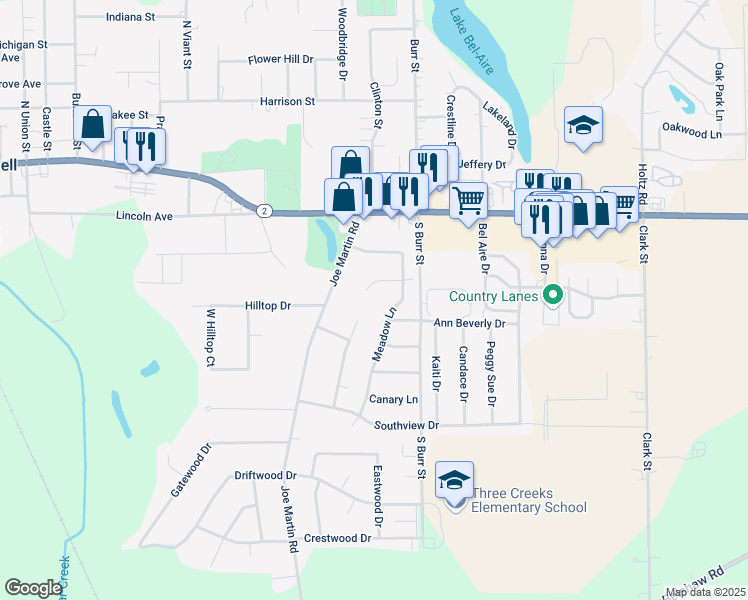 map of restaurants, bars, coffee shops, grocery stores, and more near 1605 Bluebird Drive in Lowell