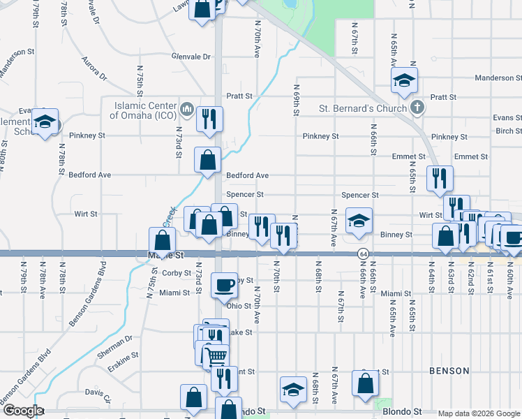 map of restaurants, bars, coffee shops, grocery stores, and more near 6939 Spencer Street in Omaha