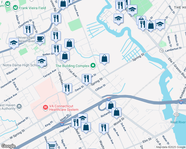 map of restaurants, bars, coffee shops, grocery stores, and more near 63 Lamson Street in West Haven
