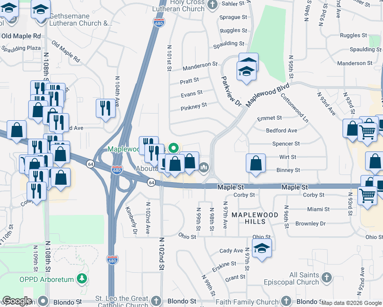 map of restaurants, bars, coffee shops, grocery stores, and more near 10052 Wirt Plaza in Omaha