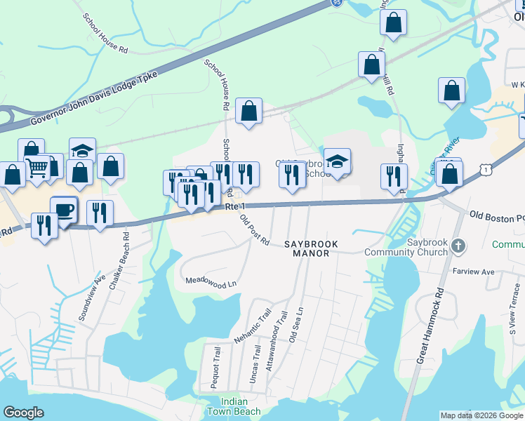 map of restaurants, bars, coffee shops, grocery stores, and more near 1271 Boston Post Road in Old Saybrook
