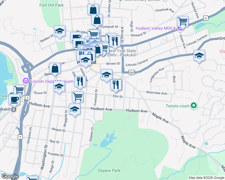map of restaurants, bars, coffee shops, grocery stores, and more near 115 Oak Hill Street in Peekskill