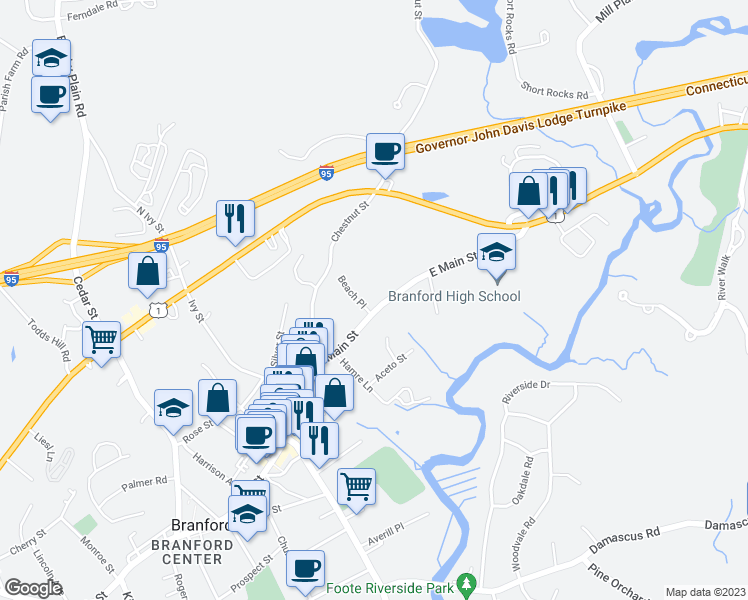 map of restaurants, bars, coffee shops, grocery stores, and more near 84 East Main Street in Branford