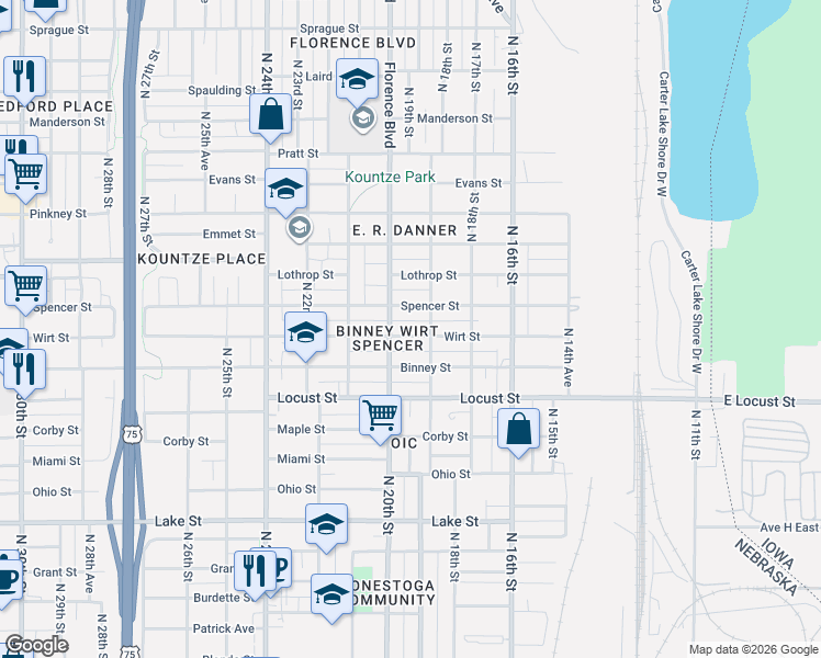 map of restaurants, bars, coffee shops, grocery stores, and more near 1915 Spencer Street in Omaha