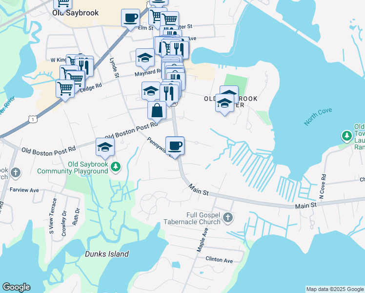 map of restaurants, bars, coffee shops, grocery stores, and more near 350 Main Street in Old Saybrook