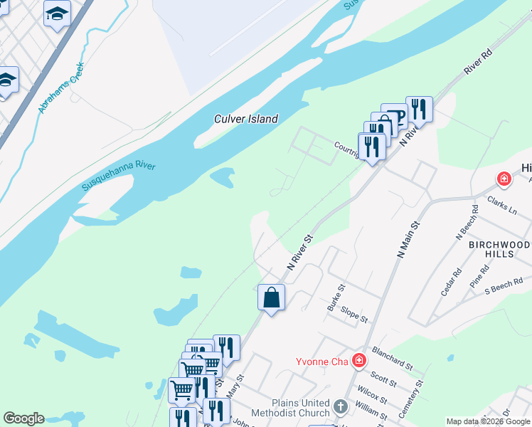 map of restaurants, bars, coffee shops, grocery stores, and more near 60 McCullough Road in Plains