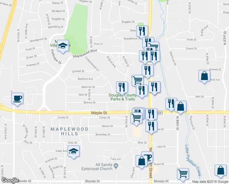 map of restaurants, bars, coffee shops, grocery stores, and more near 3109 Cottonwood Lane in Omaha