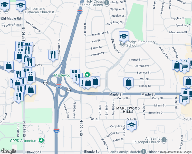 map of restaurants, bars, coffee shops, grocery stores, and more near 10052 Wirt Plaza in Omaha