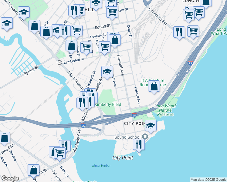 map of restaurants, bars, coffee shops, grocery stores, and more near 322 Greenwich Avenue in New Haven