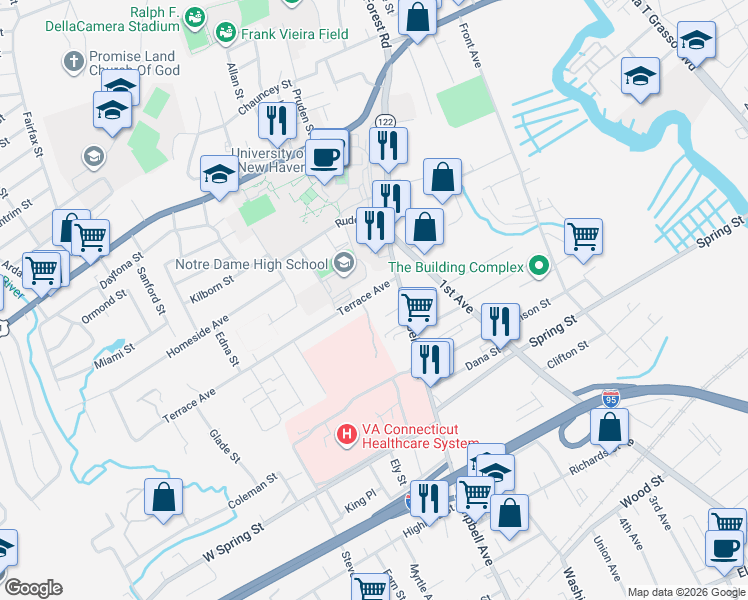 map of restaurants, bars, coffee shops, grocery stores, and more near 41 Terrace Avenue in West Haven