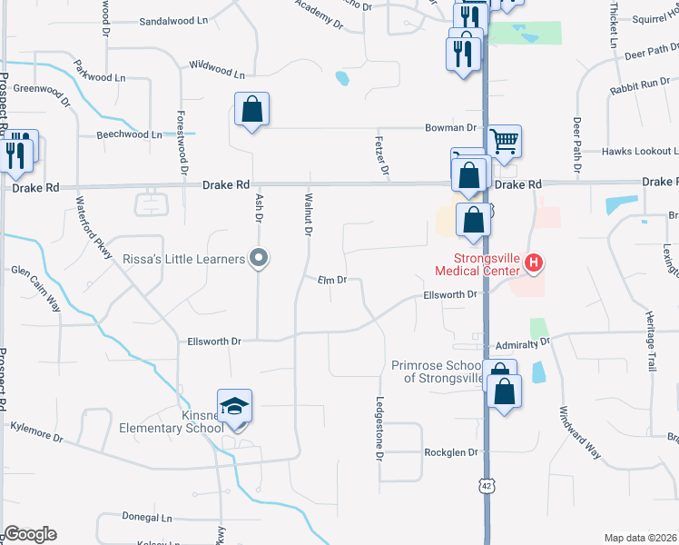 map of restaurants, bars, coffee shops, grocery stores, and more near 19567 Blue Spruce Drive in Strongsville