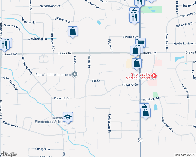 map of restaurants, bars, coffee shops, grocery stores, and more near 19590 Elm Drive in Strongsville