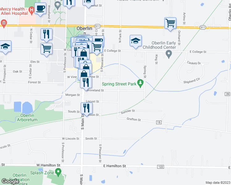 map of restaurants, bars, coffee shops, grocery stores, and more near 125 Groveland Street in Oberlin