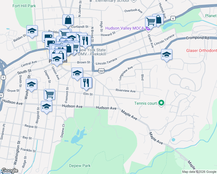 map of restaurants, bars, coffee shops, grocery stores, and more near 21 Crescent Court in Peekskill