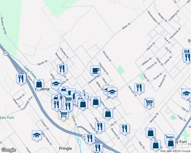 map of restaurants, bars, coffee shops, grocery stores, and more near 659 Miller Street in Luzerne