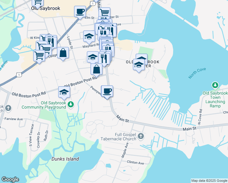 map of restaurants, bars, coffee shops, grocery stores, and more near 350 Main Street in Old Saybrook