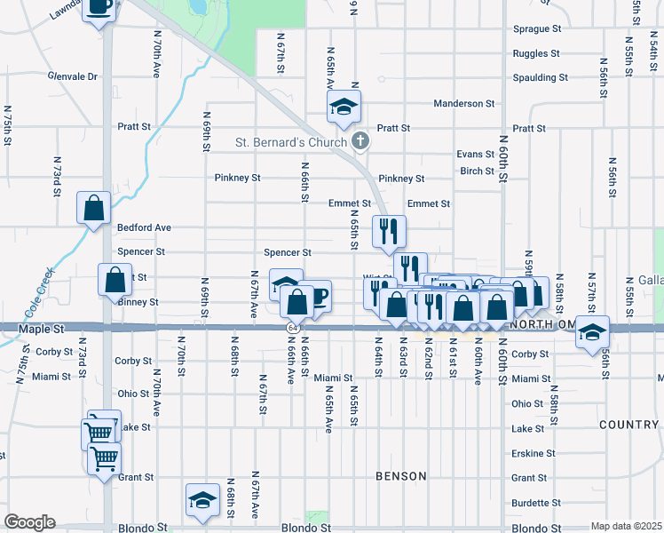 map of restaurants, bars, coffee shops, grocery stores, and more near 6531 Spencer Street in Omaha