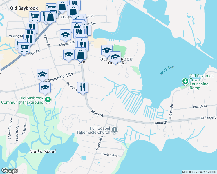 map of restaurants, bars, coffee shops, grocery stores, and more near 5 Sand Creek Drive in Old Saybrook