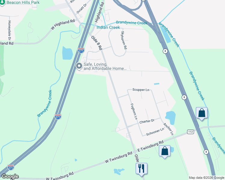 map of restaurants, bars, coffee shops, grocery stores, and more near 8210 Olde 8 Road in Northfield
