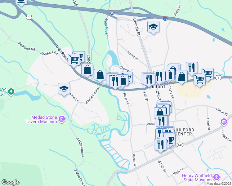 map of restaurants, bars, coffee shops, grocery stores, and more near 1200 Boston Post Road in Guilford