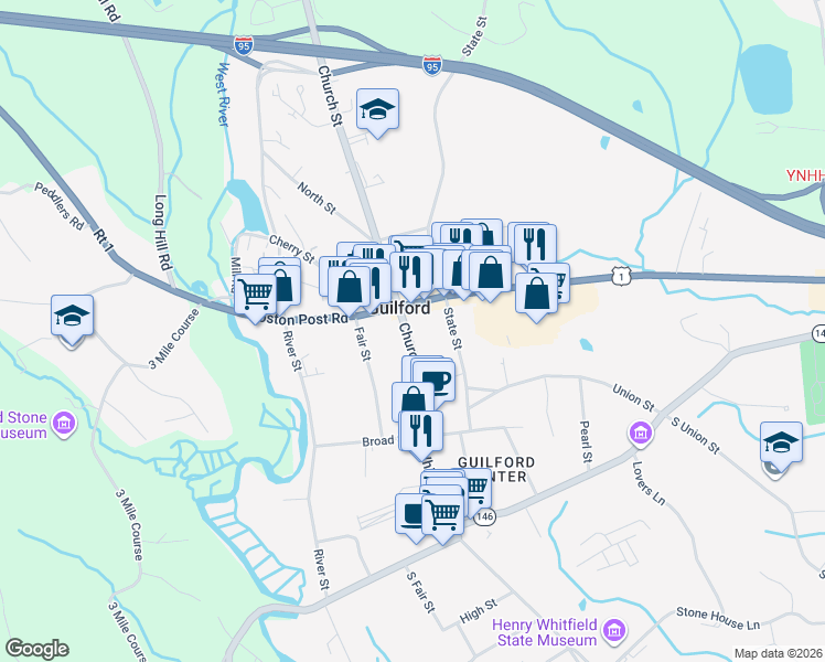 map of restaurants, bars, coffee shops, grocery stores, and more near 91 Church Street in Guilford
