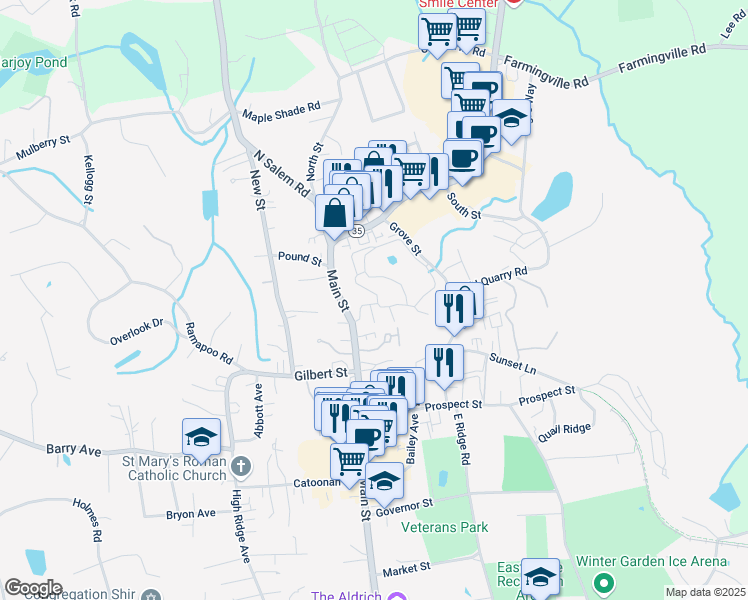 map of restaurants, bars, coffee shops, grocery stores, and more near 127 Olcott Way in Ridgefield