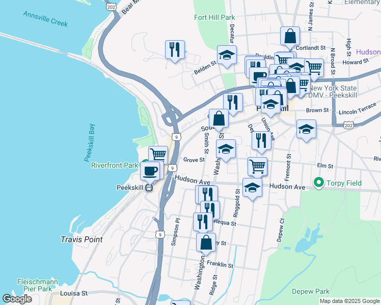 map of restaurants, bars, coffee shops, grocery stores, and more near 505 South Street in Peekskill