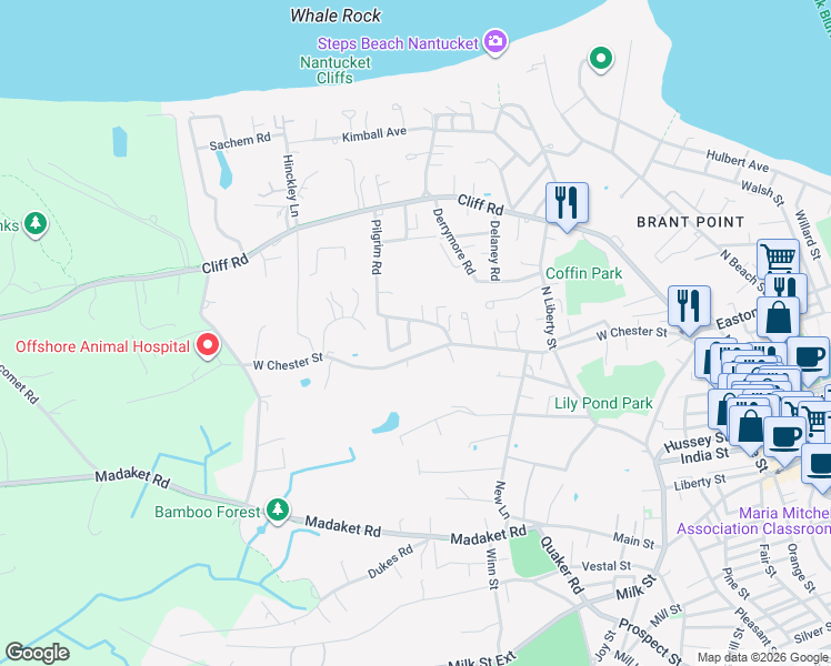 map of restaurants, bars, coffee shops, grocery stores, and more near 73A West Chester Street in Nantucket