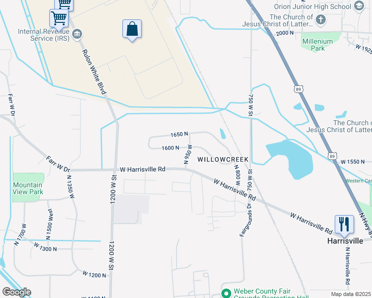 map of restaurants, bars, coffee shops, grocery stores, and more near 954 West 1600 North in Harrisville