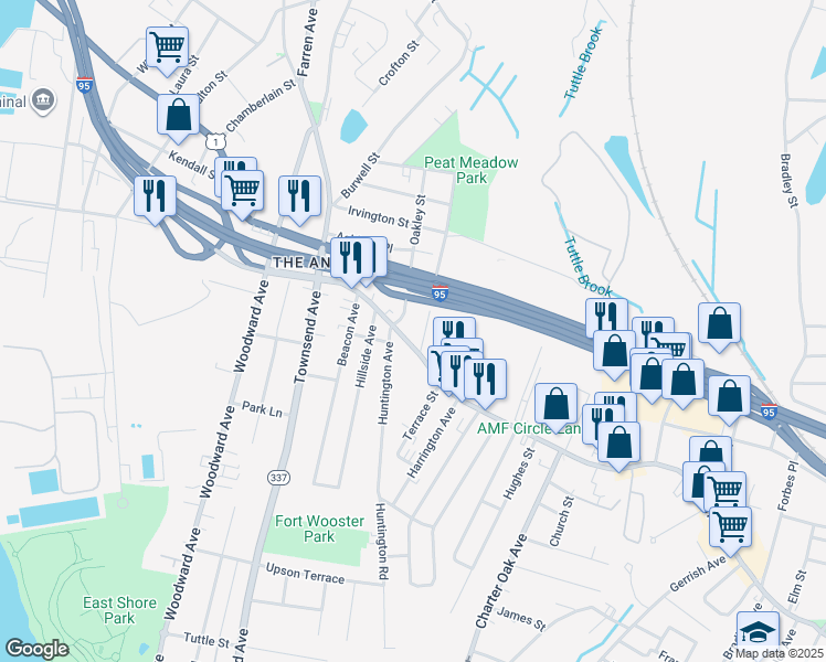 map of restaurants, bars, coffee shops, grocery stores, and more near 100 Main Street Annex in New Haven