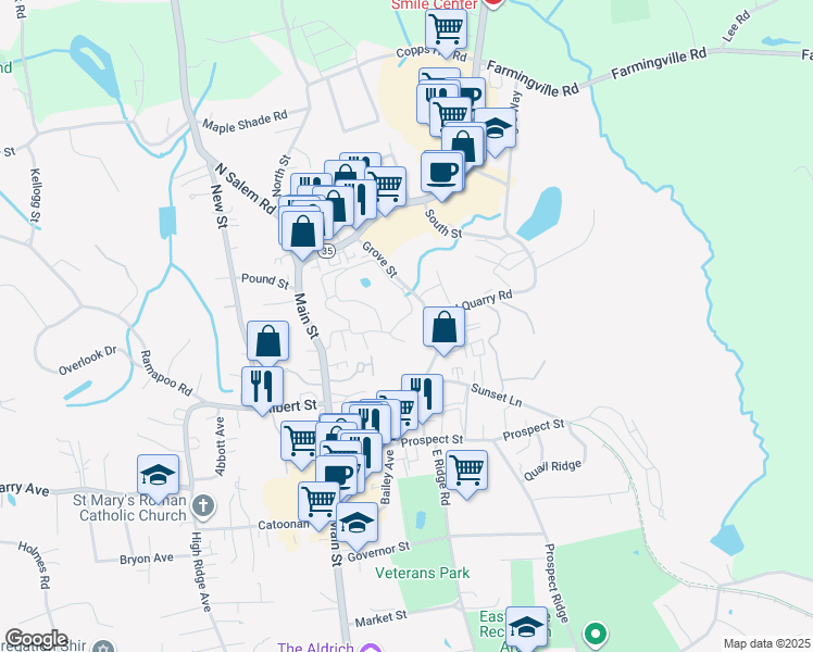 map of restaurants, bars, coffee shops, grocery stores, and more near 12 Keeler Close in Ridgefield
